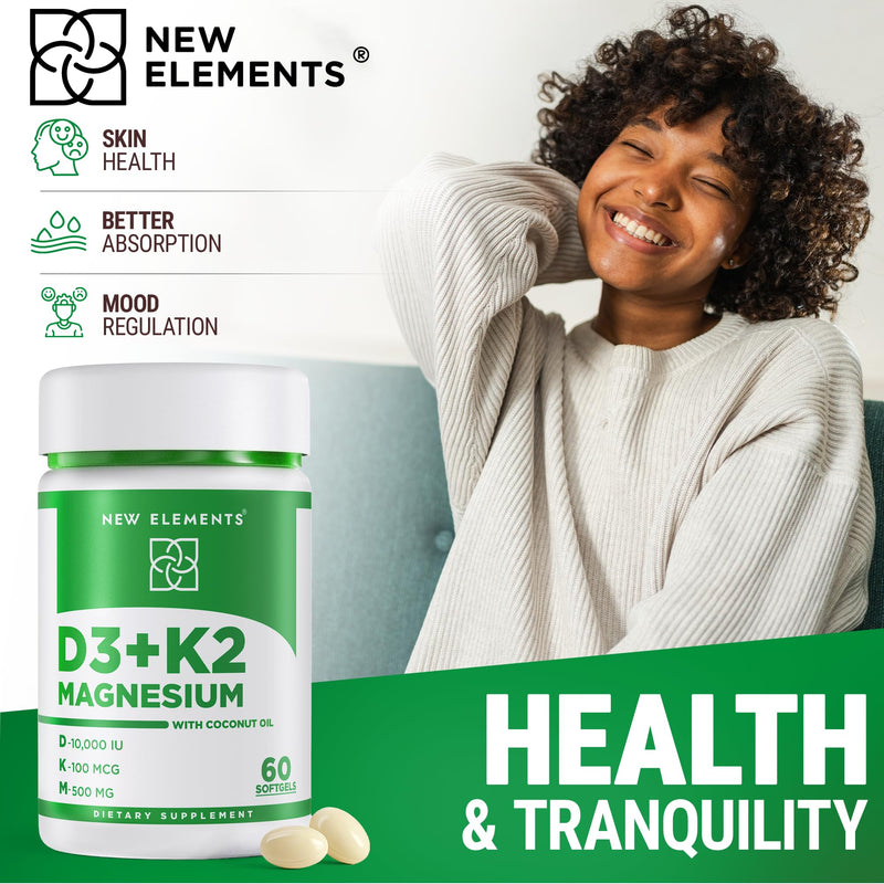 [Australia] - Vitamin D3 K2 10,000 IU with Magnesium Glycinate 500mg - Bone Health, Immune Support, Energy & Mood - Non-GMO, Gluten-Free, Sugar-Free Softgels for Women & Men (60 softgels) 60 Count (Pack of 1) 