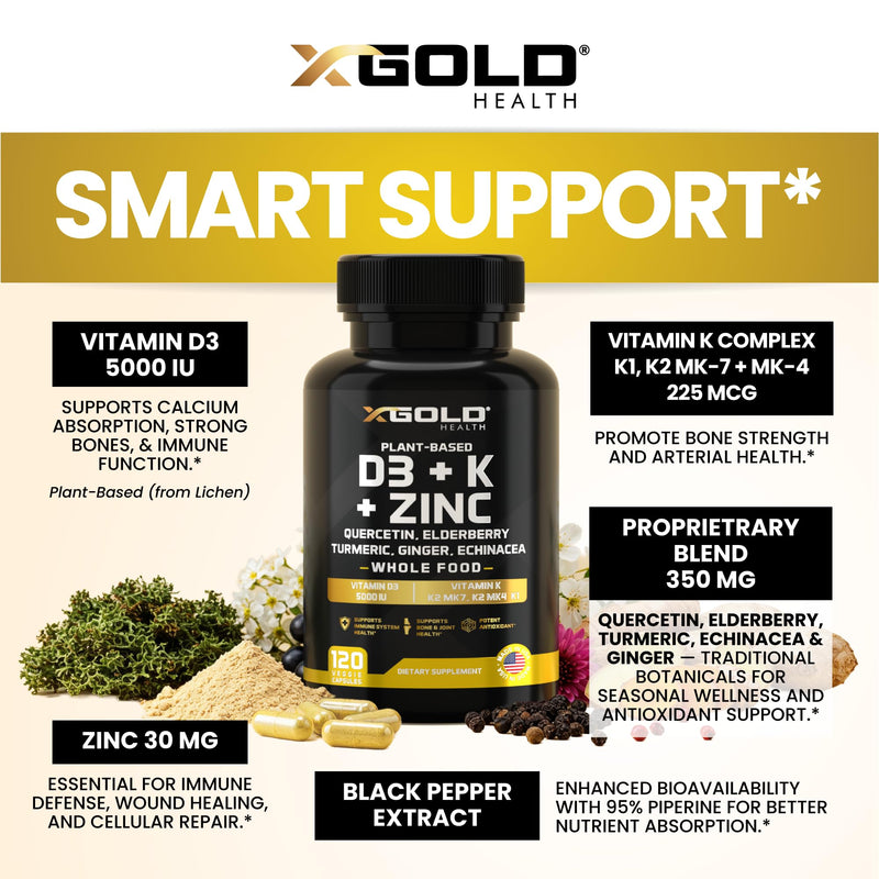 Vitamin D, K2, K1, Zinc, Quercetin, Elderberry, Turmeric, Ginger & Echinacea Whole Food Supplement 8 in 1- D3 5000 IU Plant-Based from Lichen, Vitamin K (K2 MK7, MK4, K1), D3 K2 Vitamins -120 Capsules 120 Count (Pack of 1) Vitamin D3 Complex