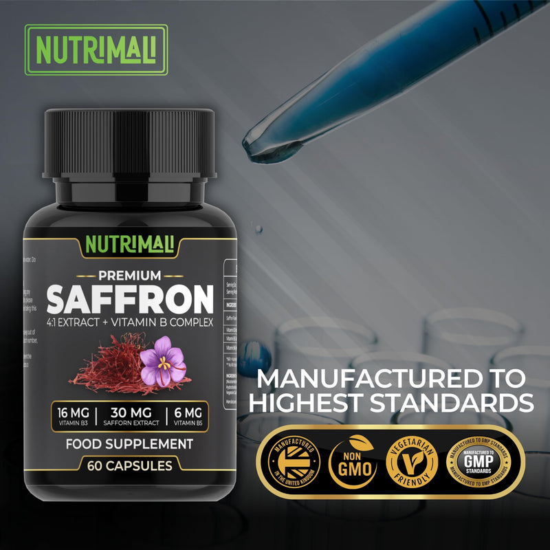 Saffron Supplement – 4:1 Saffron Extract + Vitamin B Complex | High Strength - 60 Vegan Capsules | 100% Pure Saffron, Non-GMO | By NutriMali
