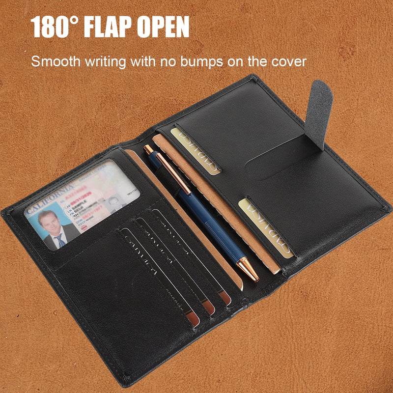 STAR VISTA Luciano Leather Pocket Journal Cover for 3.5" x 5.5" Field Notes or Moleskine Cahier, Travel Passport Wallet with RFID Blocking, 6 Card Slots, 2 Notebooks & Pen Included, Black