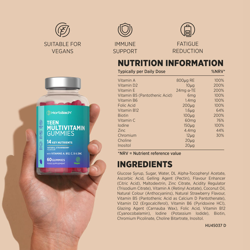 Multivitamin Gummies for Teenagers | 60 Count | A- Z Multivitamin Complex with Vitamin A, B12, C, D, and Zinc | Berry Flavour for Teens | Vegetarian and Vegan Supplement | by Horbaach