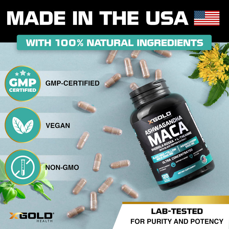 [Australia] - Ashwagandha 5,000mg + Maca Root Black, Red, Yellow 4,000mg, Rhodiola & L-Theanine: 30:1 Extract Ashwagandha Capsules, 20:1 Extract Maca Root Capsules - Supplement for Men and Women 