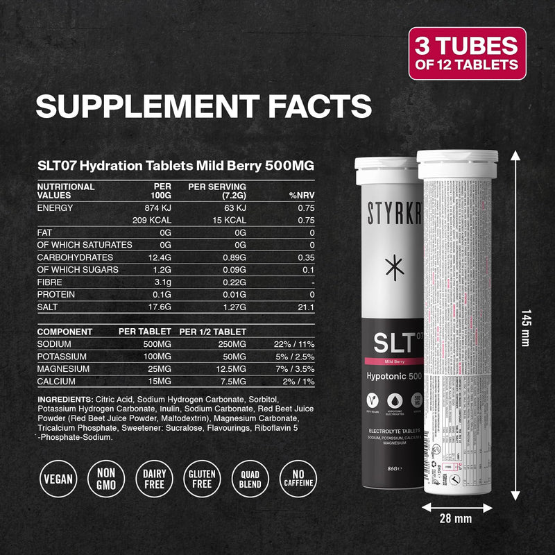 Electrolytes Tablets by Styrkr - Berry - 3X Pack of 12 Hydration Tablets - 500mg per Serving - 2X Higher Salts - Used by Endurance Athletes - Advanced Quad-Blend Formulation - SLT07 12x per Tube 500MG Mild Berry 12 count (Pack of 3)