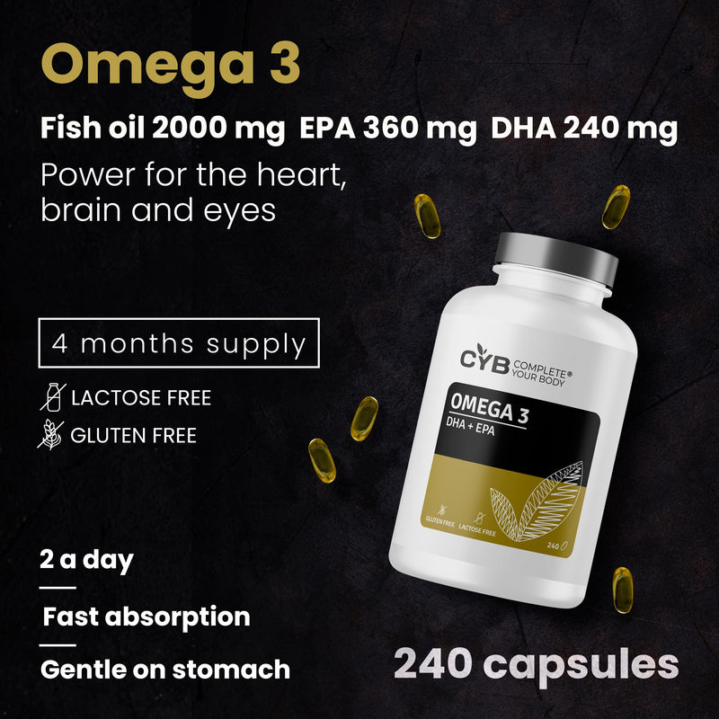 Omega 3 Fish Oil 2000mg Capsules - 240 High Strength Softgels - Pure Omega Fatty Acids 3 EPA 360mg + DHA 240mg Per Serving - 4 Month Supply - Laboratory Tested - Complete Your Body - CYB Brand