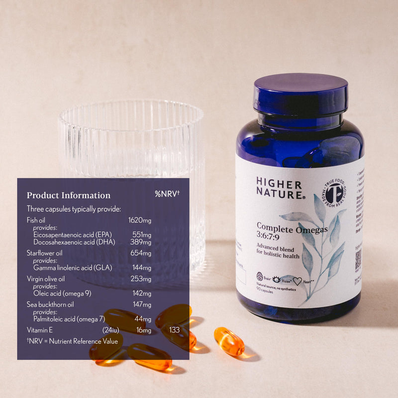Higher Nature - Complete Omegas 3:6:7:9 - True Food® Formula - Fish Oils with Borage Oil & Virgin Olive Oil - Supports Vision, Brain Function & Cardio Health - Omega 3 6 7 9 Fatty Acids - 180 Capsules 180 count (Pack of 1)