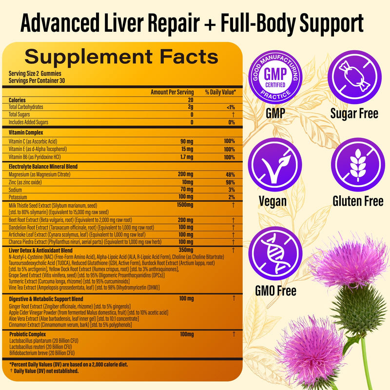 [Australia] - Liver Cleanse Detox & Repair Gummies - 29-in-1 1500mg Milk Thistle Supplement with Beetroot Dandelion Artichoke, Vegan Gummy with NAC TUDCA Vitamins Supports Immune, Boosts Energy, Gut Health, 60 ct 
