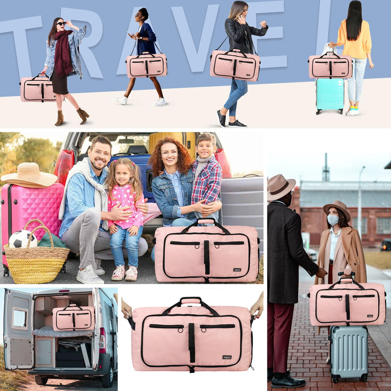 65L Duffle Bag Foldable Travel Duffel Bags for Men Women Travel Bag | Shoes Compartment, 65L Large Capacity, Foldable, Packable, Water Repellent, Tear Resistant, for Traveling Gym Overnight Camp Glossy Light Pink