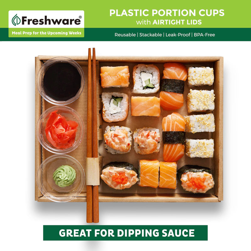 [Australia] - Freshware Plastic Portion Cups with Lids [2 Ounce, 100 Sets] Disposable Plastic Cups for Meal Prep, Salad Dressing, Jellos Shot Cups, Souffle Cups, Condiment and Dipping Sauce Cups 2 oz - 100 sets 