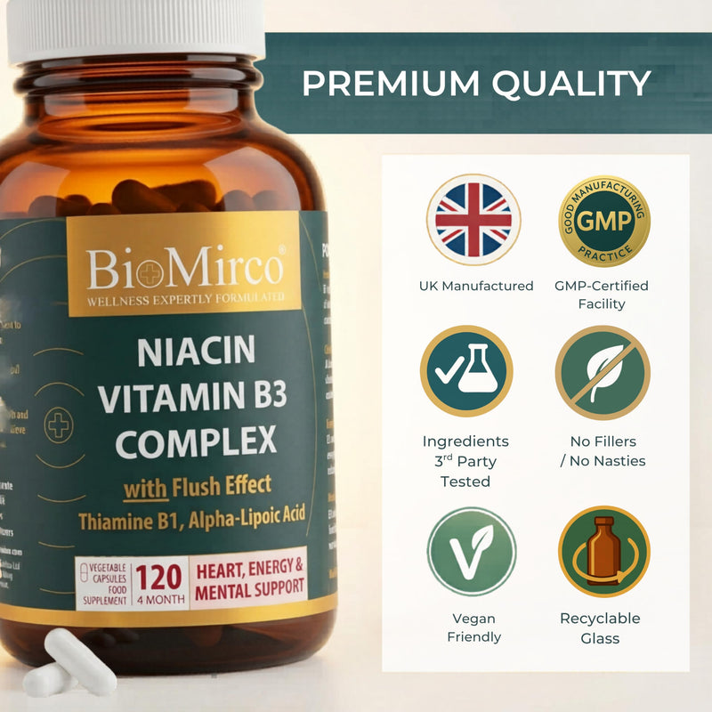 Niacin Supplements with Flush Effect, B3 Vitamin Supplement, Nicotinic Acid, B1 Thiamine, ALA, 120 Capsules, Cognitive Function, Cholesterol, Heart & Energy, 50mg Active Form (niacinamide alternative) Niacin B3 Complex 120 count (Pack of 1)