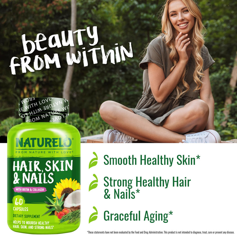 NATURELO Hair, Skin and Nails Vitamins - Biotin, Collagen - 60 Capsules | 5000 mcg, natural vitamin E, healthy skin, hair growth supplement for women and men Unflavored 60 Count (Pack of 1)