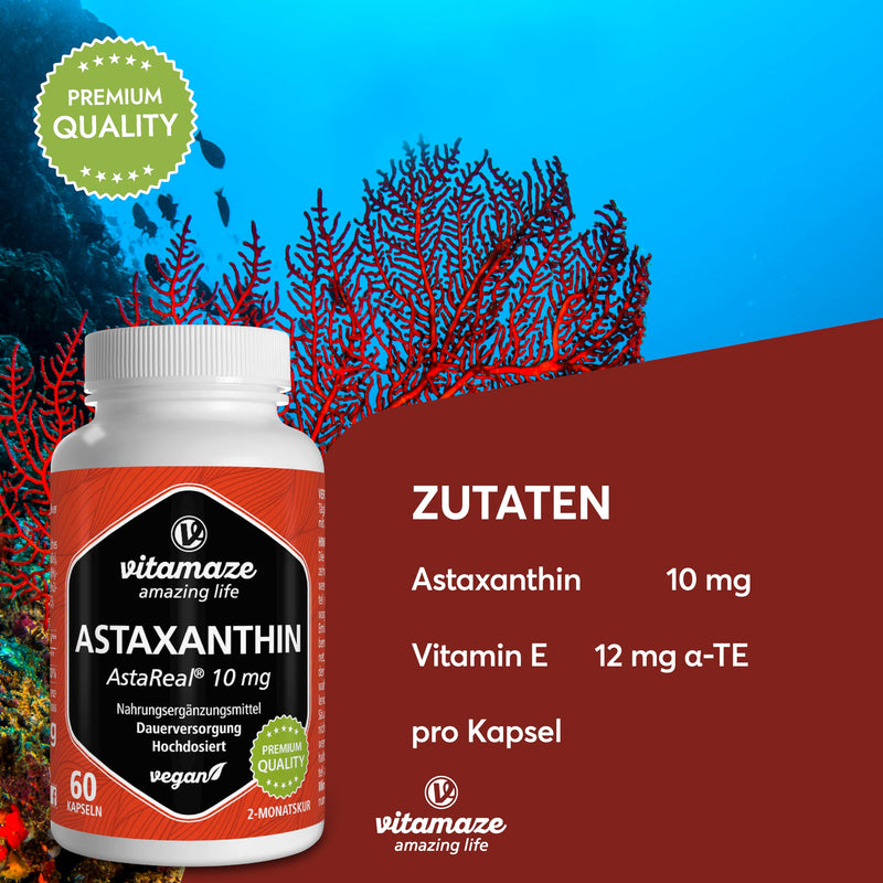 [Australia] - Astaxanthin capsules high dosage & vegan, 10 mg per capsule, natural astaxanthin powder from blood rain algae, 60 capsules for 2 months, dietary supplement without additives 10 mg astaxanthin 