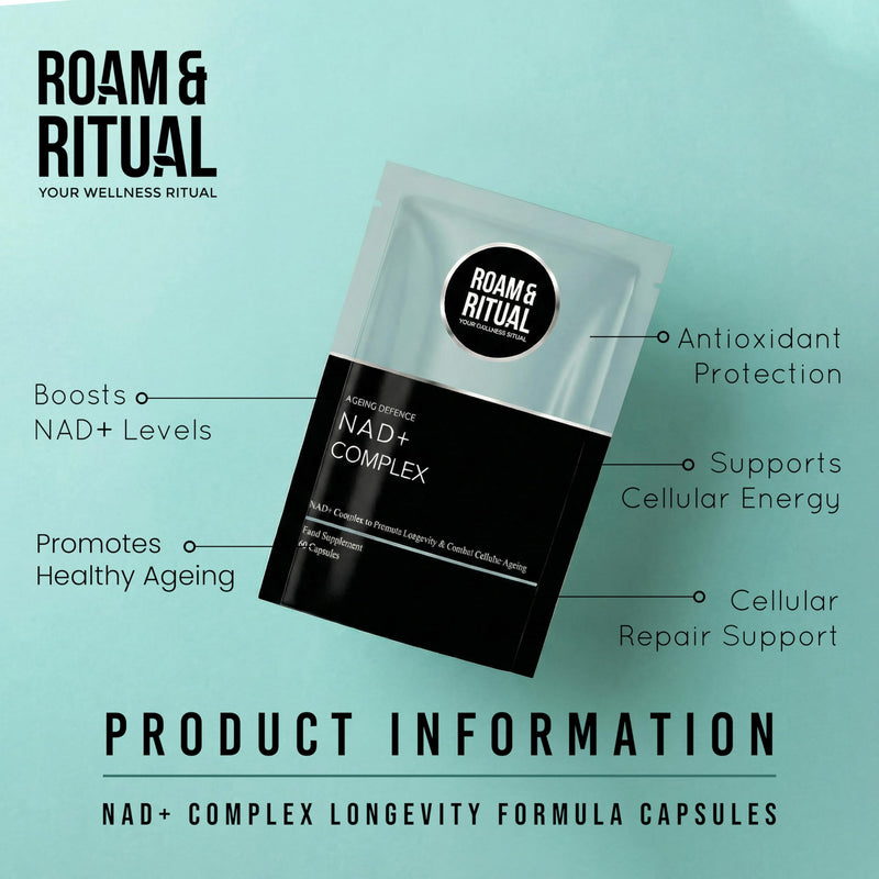 NAD+ Capsules - Complex Longevity Formula with NAD Plus, Nicotinamide Riboside, Resveratrol, TMG & Luteolin | Cellular Energy Support | UK Made Supplement | 60 Vegan Capsules by Roam & Ritual™