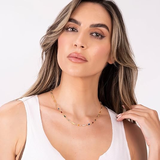 [Australia] - Barzel 18K Gold Plated 18 Inch Gold and Multi Color Crystal Baguette Necklace 