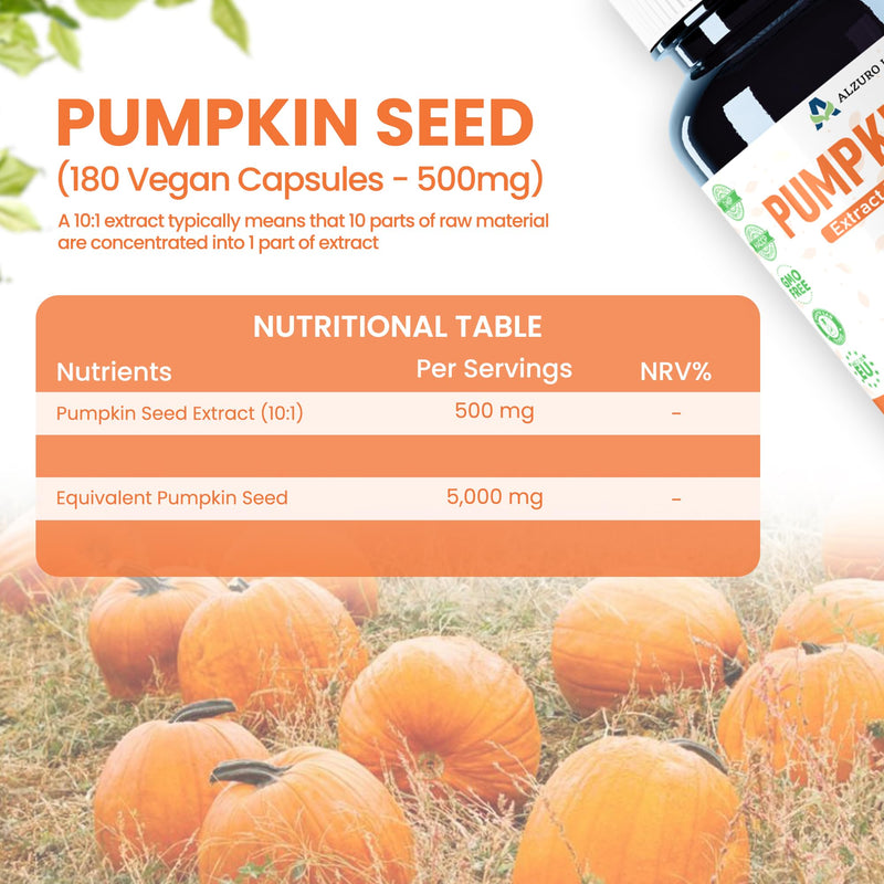 Pumpkin Seed | 5,000mg Equivalent | 500mg 10:1 Whole Seed Extract, Not Oil | 180 Vegan Capsules | 6-Month Supply | Cucurbita Pepo | GMP & 3rd Party Lab Tested