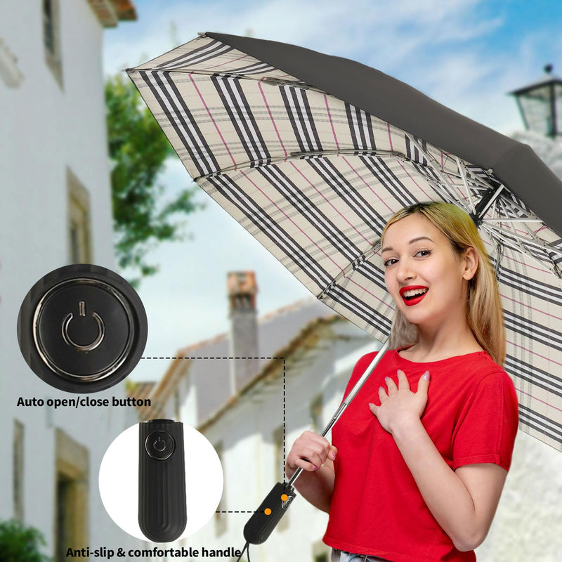ZDSSM Umbrella Travel Large Windproof Inverted Umbrellas for Rain Portable Automatic Small Compact Reverse Folding Umbrellas for Women Men (Yellow Plaid & Wine)