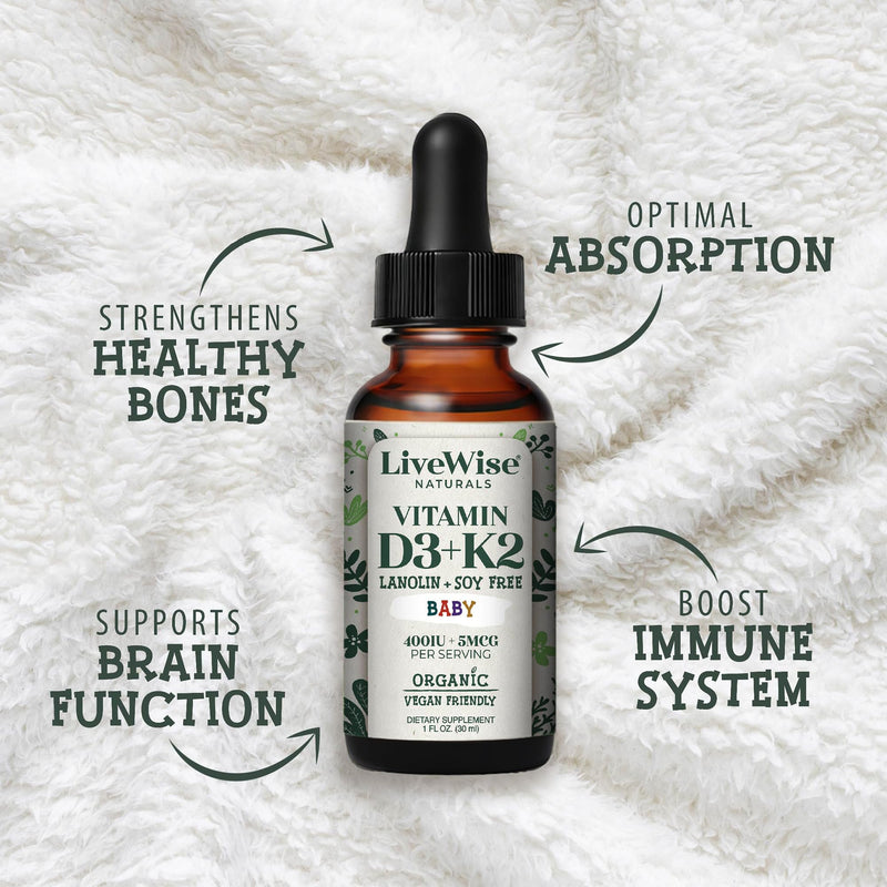 Live Wise Naturals Organic Vitamin D3 K2 Liquid Drops for Babies, (MK-7) | Concentrated Formulation, 225 Servings, Micro-Dose Dropper, Gentle Daily Supplementation, Early Development, Precise Dosing Baby D3+K2 Vegan