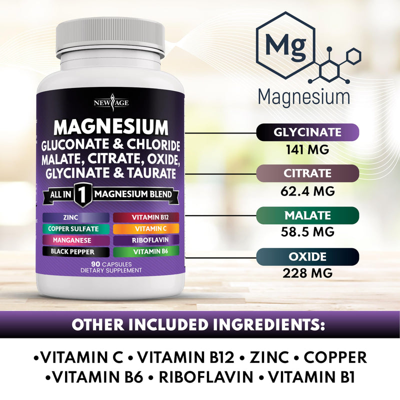 [Australia] - NEW AGE Magnesium Supplement -Powerful Glycinate Citrate Malate Oxide Taurate Aspartate Gluconate Orotate & Mag Chloride Manganese Bone Health and Bone Strength, Joint Support- 180 Count 90 Count (Pack of 2) 