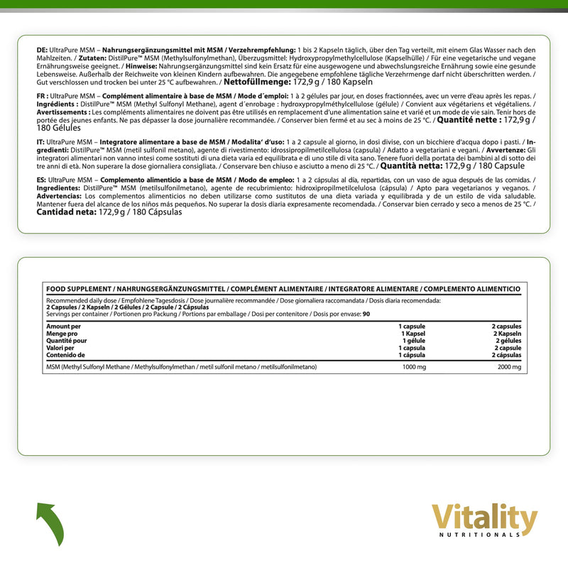 [Australia] - MSM high dose, Ultra Pure MSM capsules with 1000 mg methylsulfonylmethane, 180 capsules for 6 months, without unnecessary additives Vitality Nutritionals by VitaminExpress 