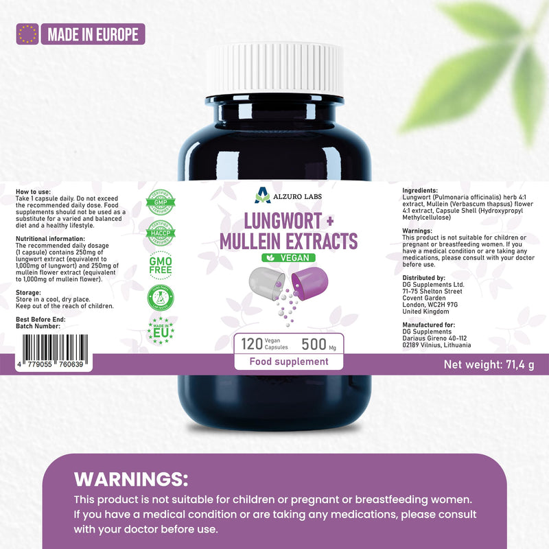 Lungwort & Mullein 2,000mg Equivalent | High Strength 500mg 4:1 Extract | 120 Vegan Capsules | Lung, Respiratory & Clear Breathing Support | GMP & 3rd Party Lab Tested