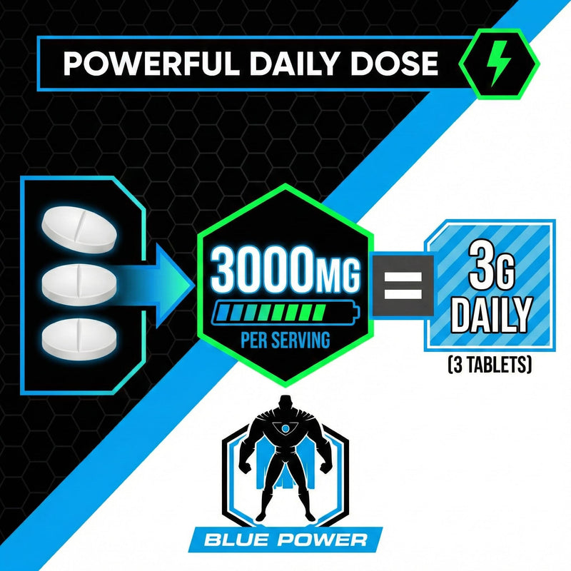 BLUE POWER Creatine Monohydrate Tablets 3000mg (3g) - 90 Tablets (30 Day Supply) - Small Scored Tablets, Titanium-Free Coating, Food Supplement