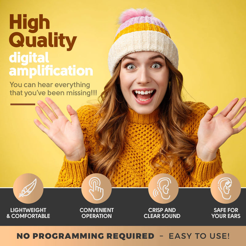 Digital Hearing Amplifier - BTE Behind The Ear Sound Amplifier Pair and Personal Sound Enhancer Set with Noise Reducing Feature That is Smaller & Discreet - Ready to Wear in Any Left or Right Ear