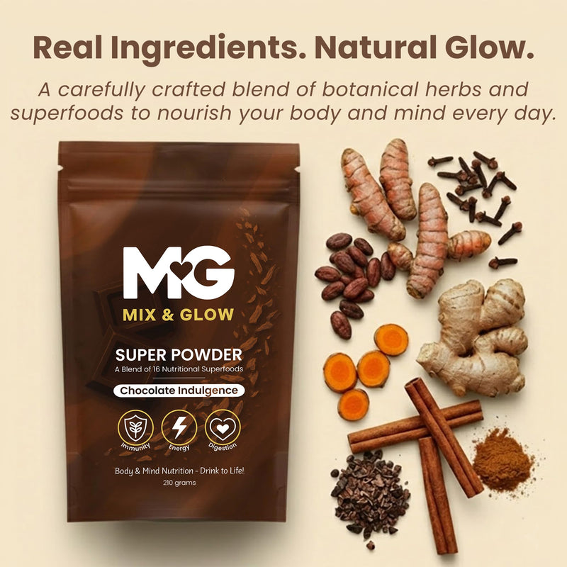 Mix & Glow Super Powder | 16 Advanced Superfoods, Prebiotic Herbs, Greens and Adaptogens Including Turmeric, MCT Oil & Cacao | Vegan & Gluten Free | 30 Servings | Chocolate Indulgence