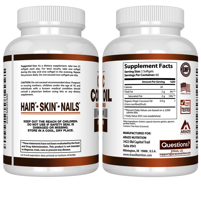 [Australia] - Arazo Nutrition Organic Coconut Oil 2000 MG - 100% Extra Virgin Unrefined Cold Pressed for Weight Support, Skin, Hair, Nails - 120 Softgel Capsules 120 Count (Pack of 1) 