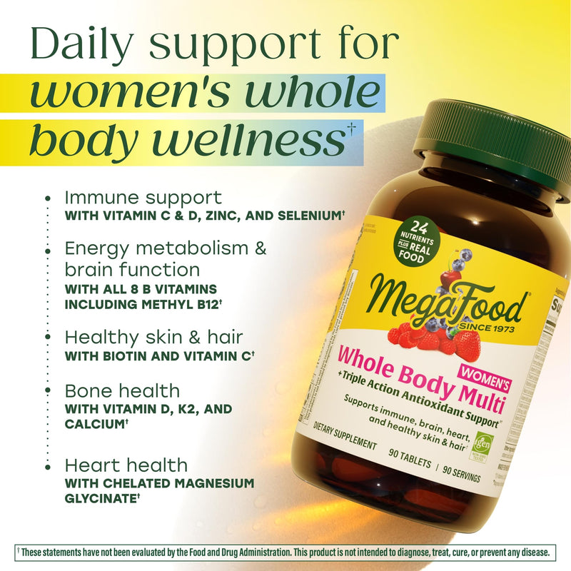 MegaFood Whole Body Methylated Multivitamin for Women, 90 Tablets | 24 Nutrients Plus Antioxidant Support from Fruit, Methylfolate, Methylated B12, Magnesium Glycinate, Vegetarian, 90 Servings 90 Count (Pack of 1)