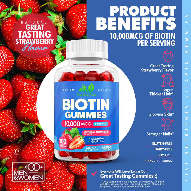 Biotin 10,000mcg Gummies for Hair Growth, Skin & Nails (100 Count) | 2x Maximum Strength Biotin Vitamins for Women & Men - Gluten-Free, Vegan, Great Tasting Strawberry Flavor 100 Count (Pack of 1)