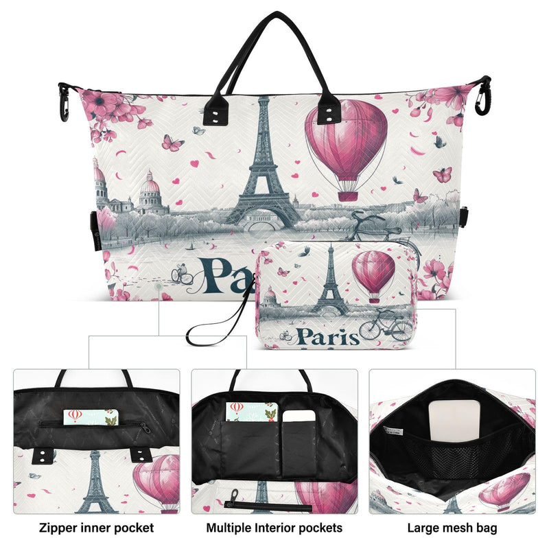 Kigai Romantic Paris Eiffel Tower Travel Duffel Bags 2PCS,Sports Duffel Bags for Men Women,Weekender Overnight Bag Gym Tote Bag with Toiletry Bag