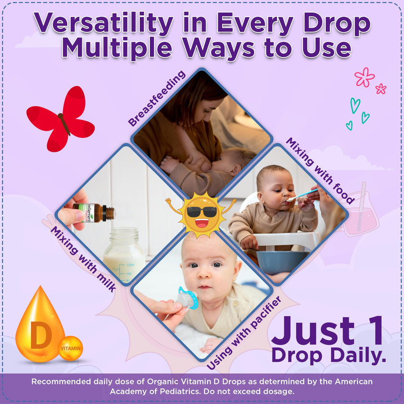 [Australia] - Wellements Baby Organic Vitamin D Drops for Infants & Toddlers (90-Day Supply) - Certified Newborn+ Liquid Vitamin D3 Drops, Support Healthy Growth & Bone Development 400 IU per Drop (1 Drop Daily) 