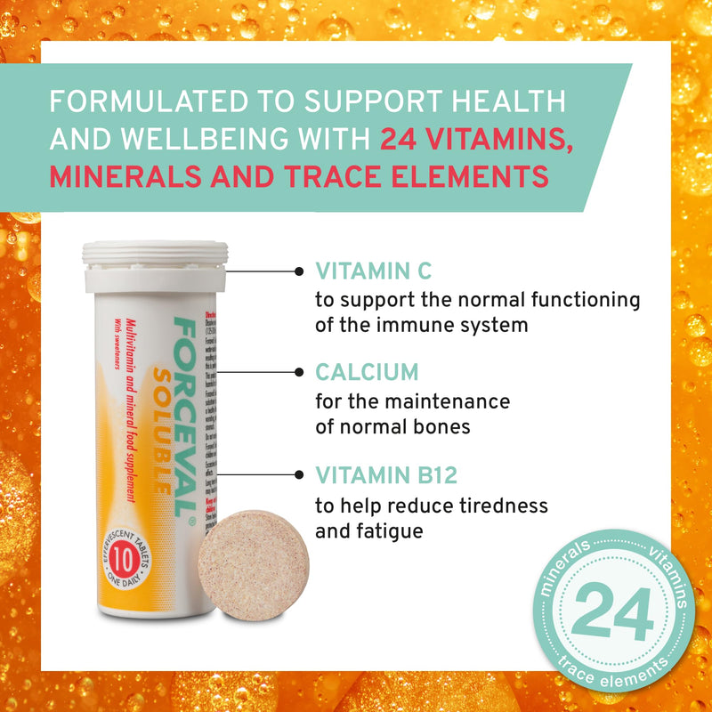 Effervescent Multivitamin Tablets, 24 Key Vitamins and Minerals Including Vitamin C, B and D, Iron and Zinc. One Effervescent Tablet a Day. for Adults and Children 12+. Pack of 30 Forceval Soluble