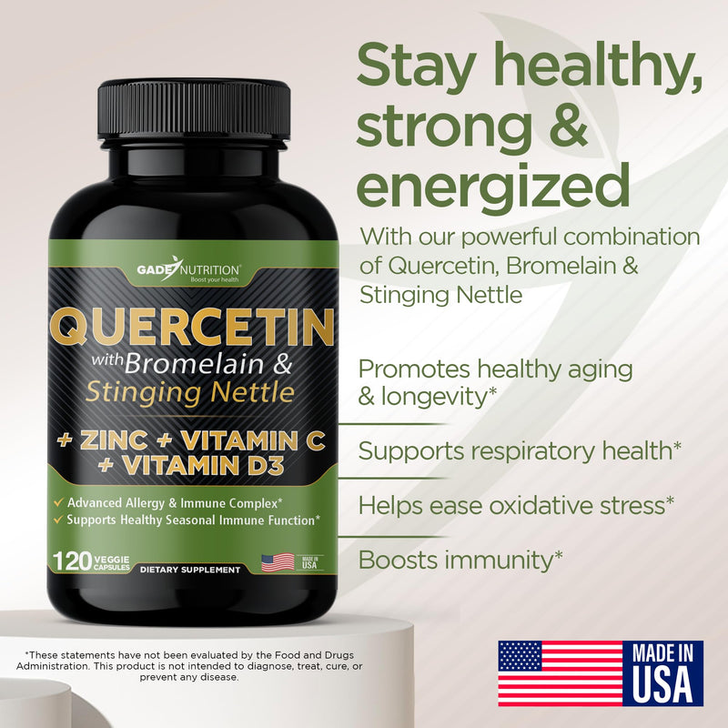 [Australia] - Quercetin with Vitamin C and Zinc - Nettle Quercetin - Quercetin 500mg - Quercetin with Bromelain - Zinc Quercetin + Vitamin D3 - 120 Veggie Caps - (Non-GMO, Gluten-Free, Vegan) - 2 Month Supply 120 Count (Pack of 1) 