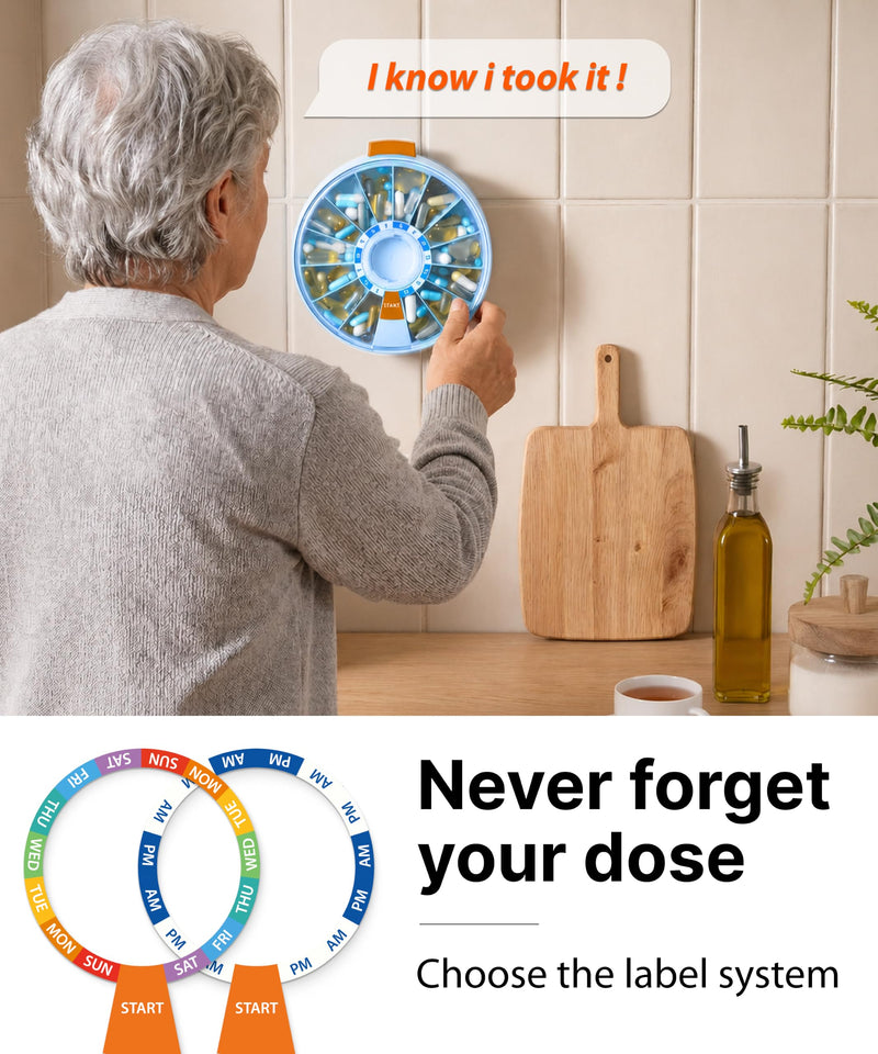 Pill Dispenser 14 Day – Rotating Medicine Organizer Wheel with Push Button, Wall Mounted or Desktop Manual Pill Dispenser for Elderly & Seniors, Large Capacity Vitamin & Medication Organizer Blue