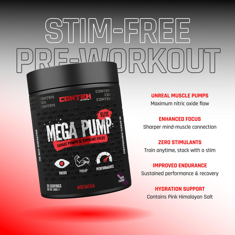 Conteh Sports Mega Pump Elite Pre-Workout - Stim-Free Pump Formula with L-Citrulline & Glycerol - Raspberry Twist - 30 Servings One Size