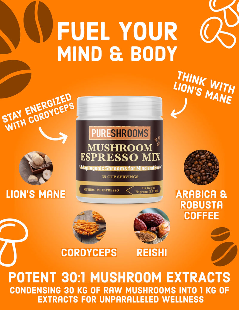 [Australia] - PureShrooms Instant Mushroom Espresso Blend - Organic Adaptogenic Coffee with Lion's Mane, Reishi, Cordyceps - Arabica & Robusta Blend, 70g - Mental Clarity & Physical Boost, 35 Servings 