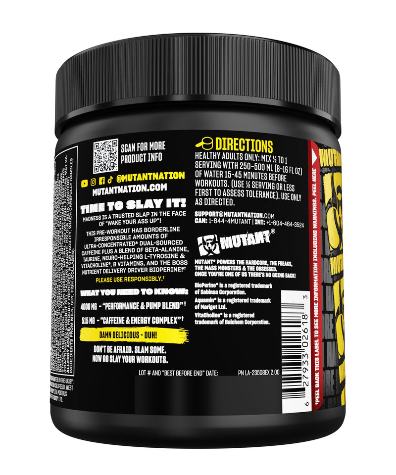 MUTANT Madness | Ultra-Concentrated Pre-Workout Supplement | 360mg Caffeine, 4g Pump & Performance Blend, Beta-Alanine, Energy & Focus | 30 Serving | Lemonade 30 servings (225 g)