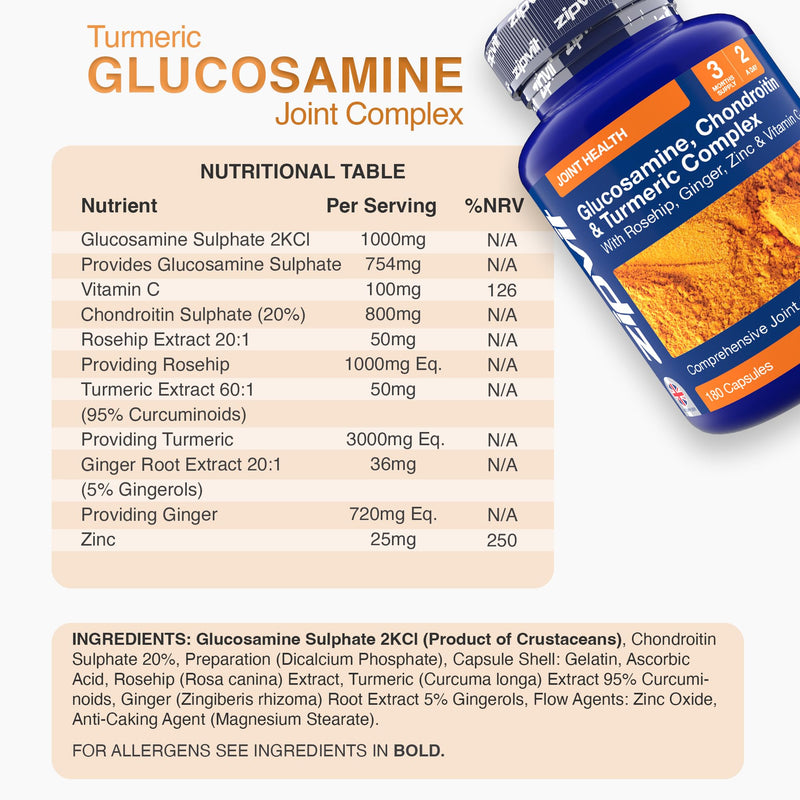 Zipvit Glucosamine and Chondroitin High Strength Turmeric Supplement with Vitamin C, Rosehip, Ginger & Zinc, 180 Capsules