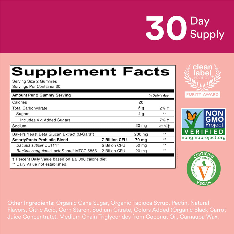 [Australia] - SmartyPants Men's & Women's Probiotic Immunity Gummies: Prebiotics & Probiotics for Digestive Health & Immune Support Supplement, Gluten Free, Vegan, Strawberry Crème Flavor, 60 Count (30 Day Supply) Probiotic - Strawberry Crème 