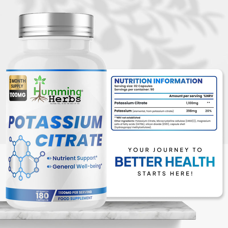 Humming Herbs Potassium Citrate Supplement | 1100 mg per Serving Delivering 398 mg Potassium | 180 Vegan Capsules | 90 Day Supply