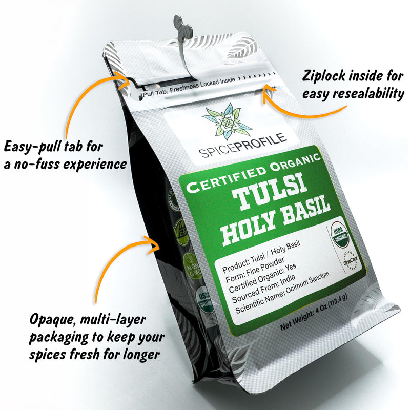 [Australia] - Spice Profile | USDA Certified Organic Holy Basil (Tulsi Leaf) Powder | Resealable 4oz Pouch | For Vitality & Wellness | Perfect for Teas & Drinks 