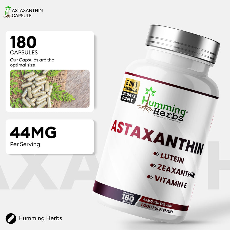 Humming Herbs Astaxanthin 12 mg with Lutein 10 mg, Zeaxanthin 2 mg & Vitamin E | 180 Vegan Capsules (180-Day Supply) | Carotenoid Complex Food Supplement