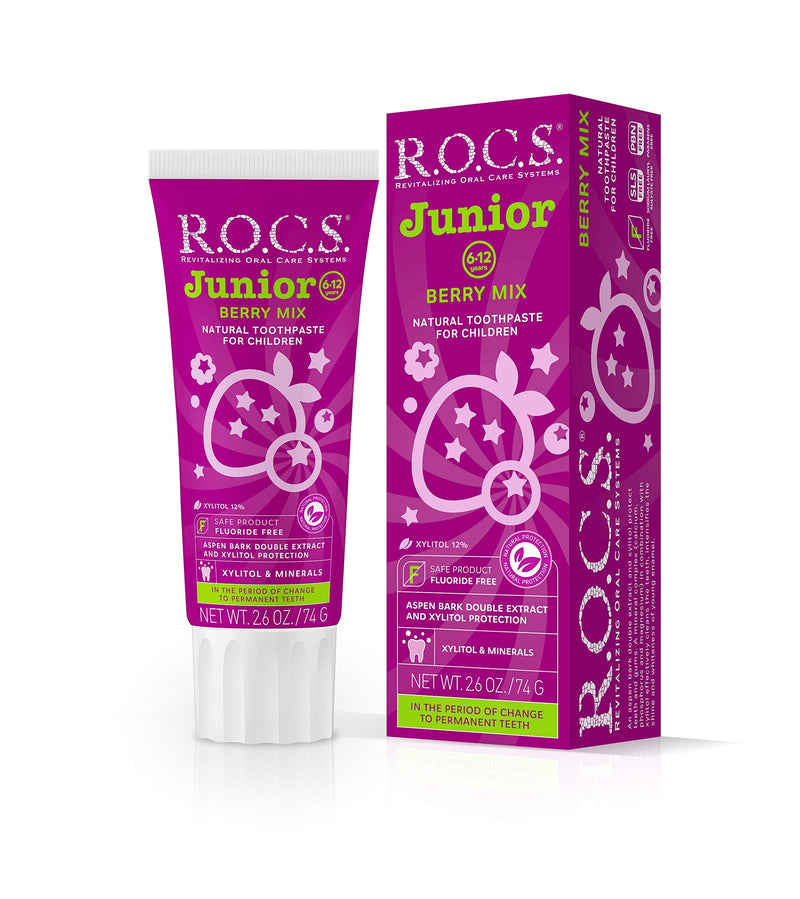 R.O.C.S. Junior Toothpaste - Enamel Whitening Teeth Gum Protection - for Children 6-12 Years Old - Safe to Swallow - Natural, No Fluoride or Sulfate (Berry Mix, Pack of 1) Berry Mix 2.6 Ounce (Pack of 1)