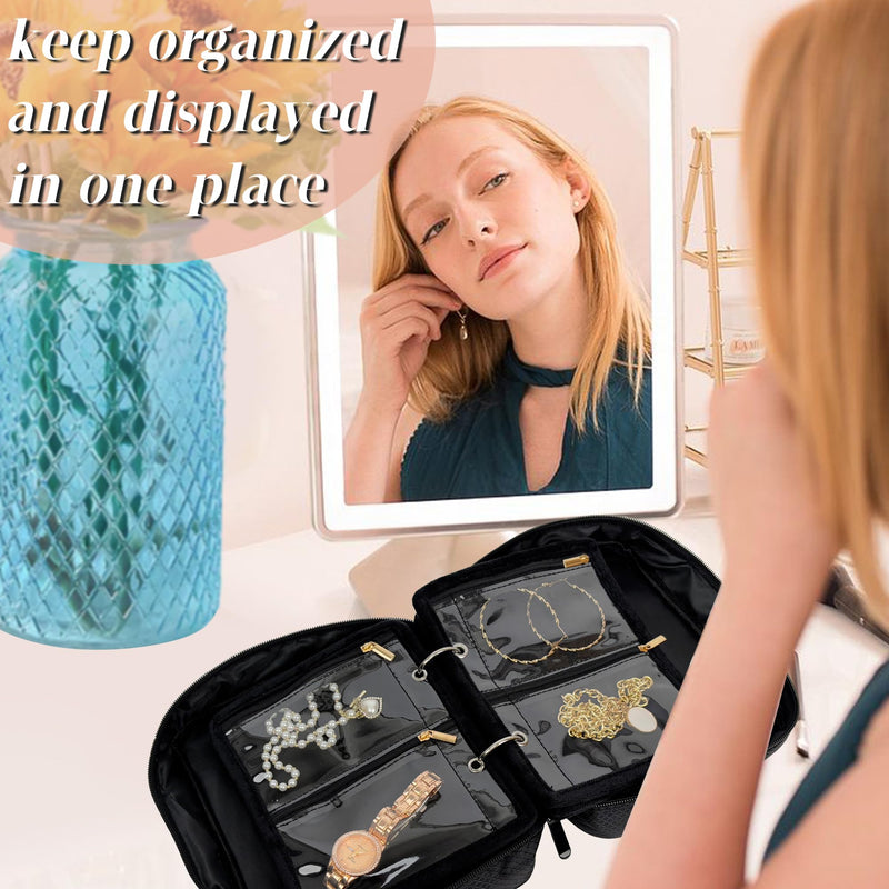 Travel Jewelry Organizer Case with Zipper Velvet Pouch and Jewelry Storage Book Binder For Earrings, Rings, Necklace, Bracelet