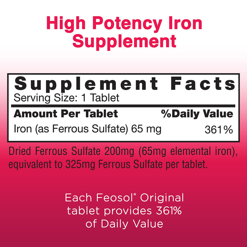 [Australia] - Feosol Original Iron Supplement Tablets, Non-heme, 325mg Ferrous Sulfate (65mg Elemental Iron) per Iron Pill, 1 Per Day, 120ct, 4 Month Supply, for Energy and Immune System Support, Made in USA 