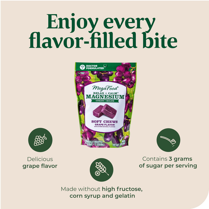[Australia] - MegaFood Relax + Calm Magnesium Supplement - Soft Chews with Magnesium Citrate & Magnesium Malate for Heart Health, Muscle Tension & More - Vegetarian - Grape-Flavor - 30 Chews per pack (Pack of 1) 30 Count (Pack of 1) 