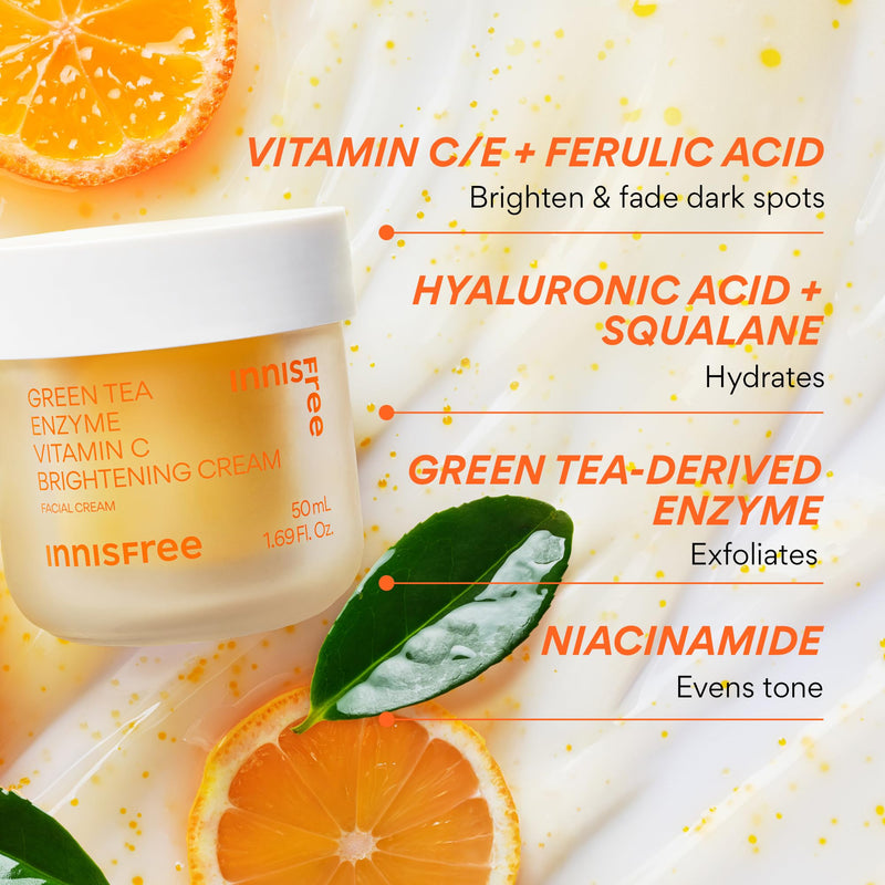 innisfree Green Tea Enzyme Vitamin C Brightening Cream | Korean Face Moisturizer with Hyaluronic Acid for Dark Spots, Hydration and Radiant Skin | Available in Refill Refill: 1.69 fl .oz. / 50ml