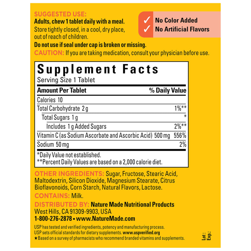 Nature Made Chewable Vitamin C 500 mg for Immune Support, 150 Tablets | Dietary Vitamin C Supplement for Immune Support and Antioxidant Support, Orange Flavored Chewable Tablets, 150 Day Supply 150 Count (Pack of 1)