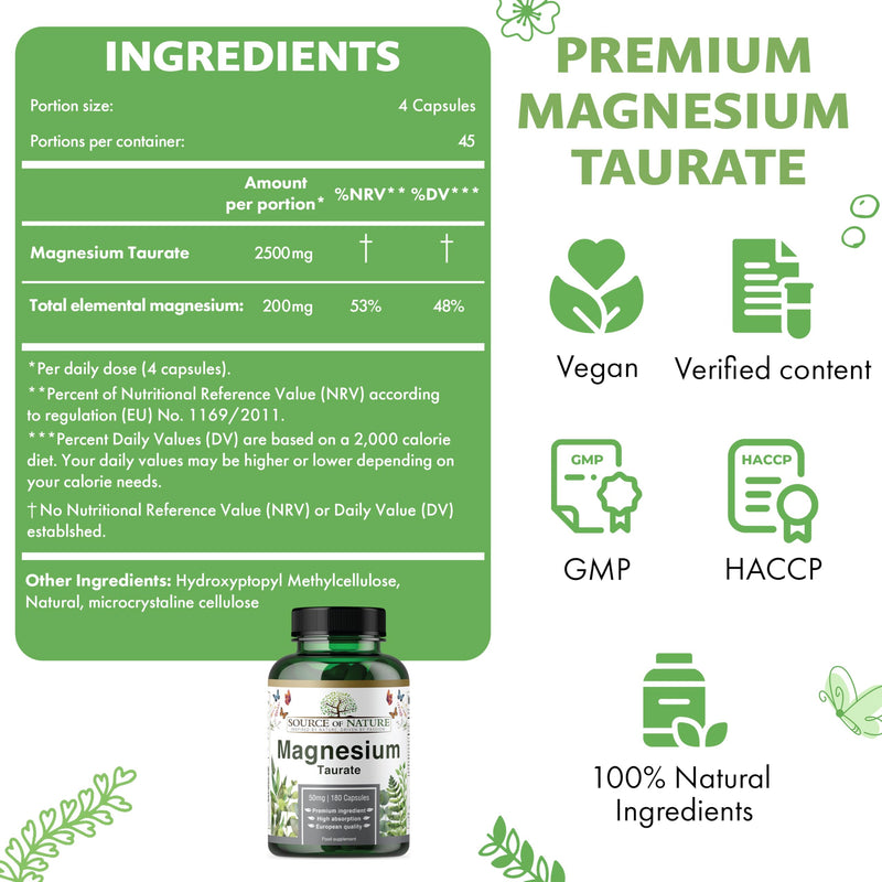 Source of Nature® | Magnesium Taurate 625mg | 180 Capsules | 45-Day Supply | 50mg Elemental | High Absorption | Gentle on Stomach | Lab-Tested Purity