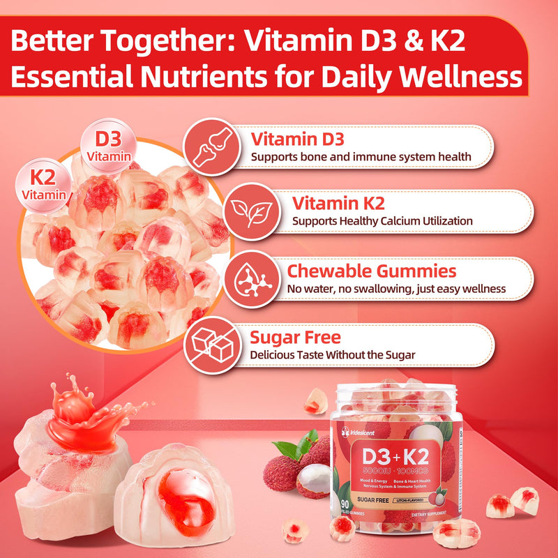 Vitamin D3 K2 Gummies, 5000 IU D3 + 100mcg K2, 90 Count | D3 K2 Supplement with MK-7, Sugar Free Vegan Gummies, Supports Bone Health for Adults, Lychee Flavor 90 Count (Pack of 1)